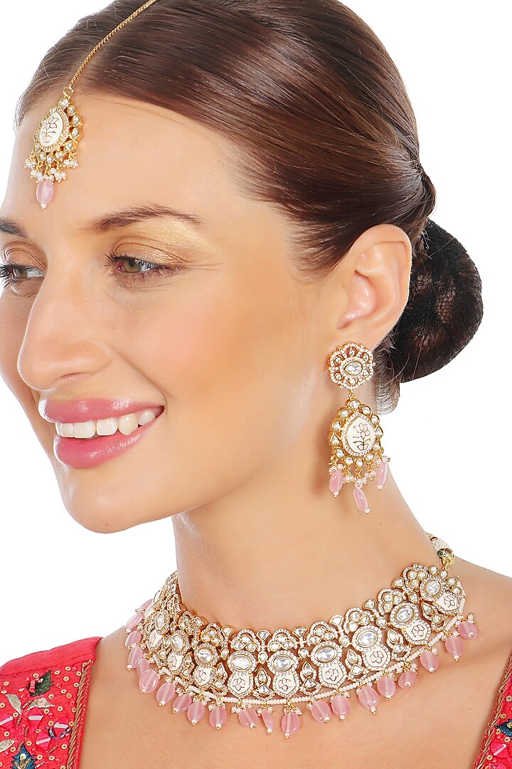 Gold Finish Powder Pink Kundan Meenakari Choker Necklace Set by Akulya Jewels at Pernia's Pop Up Shop