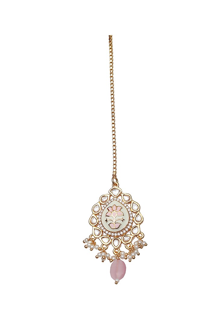 Gold Finish Powder Pink Kundan Meenakari Choker Necklace Set by Akulya Jewels at Pernia's Pop Up Shop
