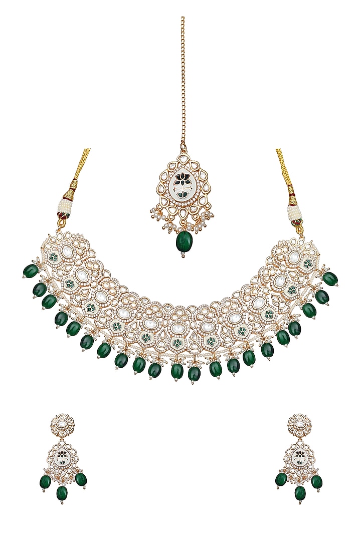 Gold Finish Emerald Green Kundan Meenakari Choker Necklace Set by Akulya Jewels at Pernia's Pop Up Shop