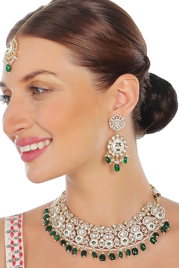 Gold Finish Emerald Green Kundan Meenakari Choker Necklace Set by Akulya Jewels at Pernia's Pop Up Shop