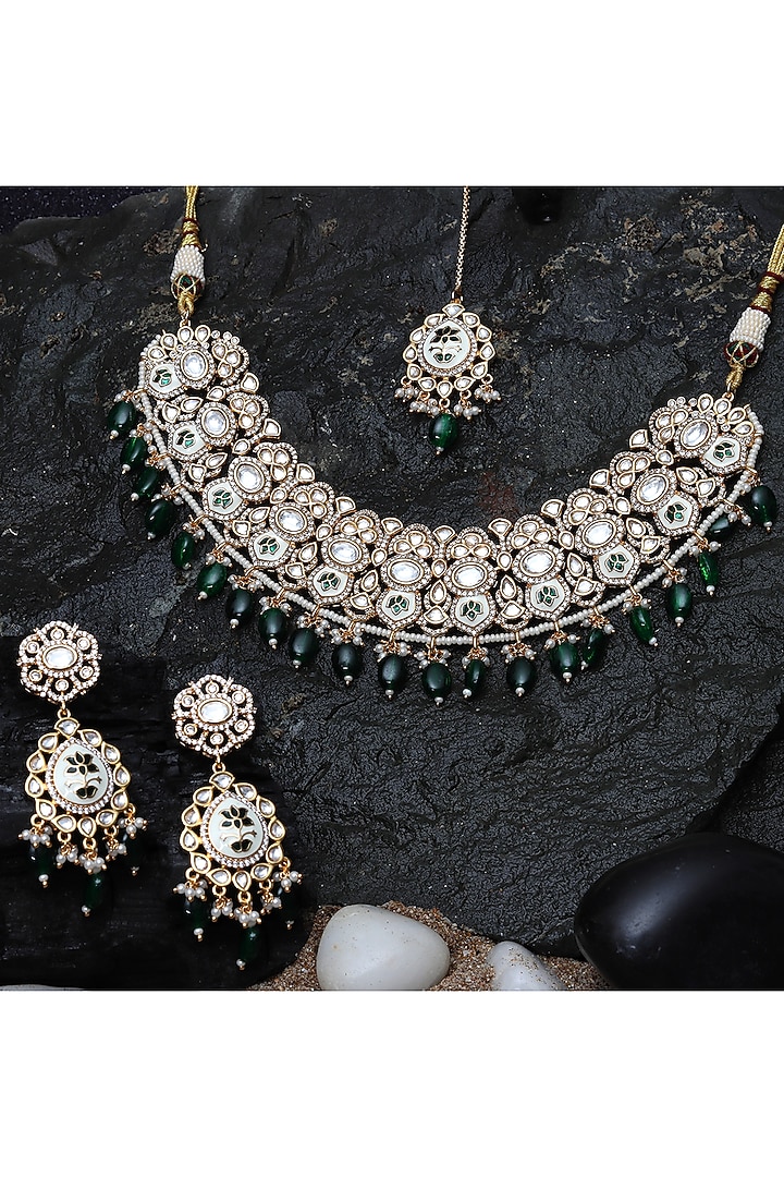 Gold Finish Emerald Green Kundan Meenakari Choker Necklace Set by Akulya Jewels at Pernia's Pop Up Shop