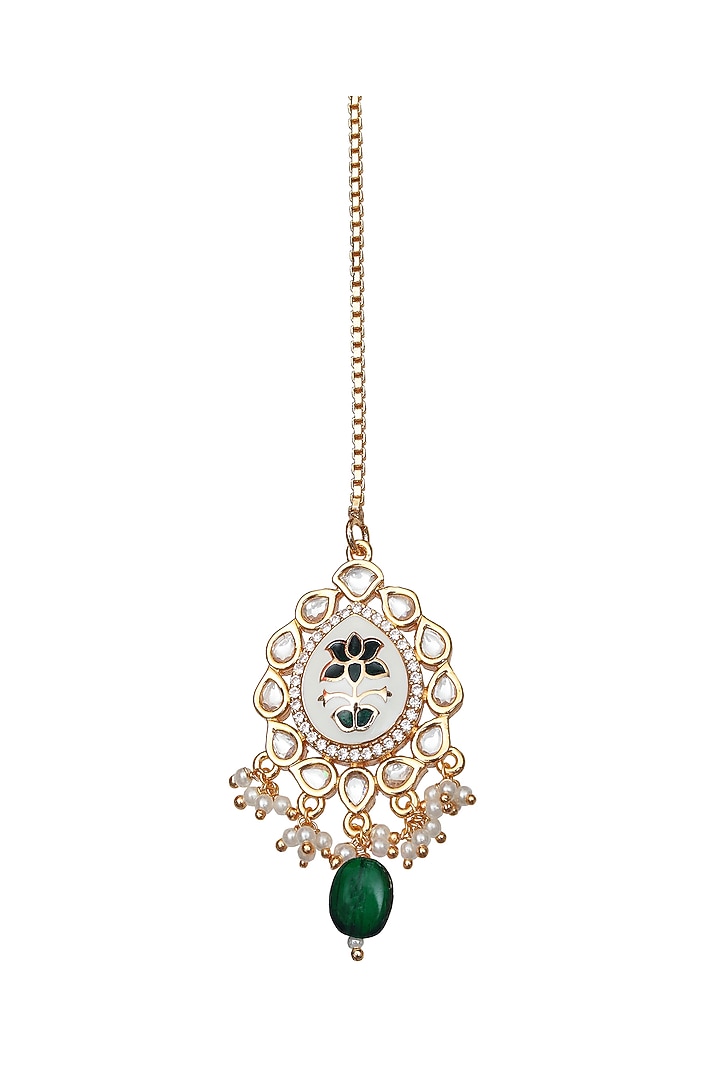 Gold Finish Emerald Green Kundan Meenakari Choker Necklace Set by Akulya Jewels at Pernia's Pop Up Shop
