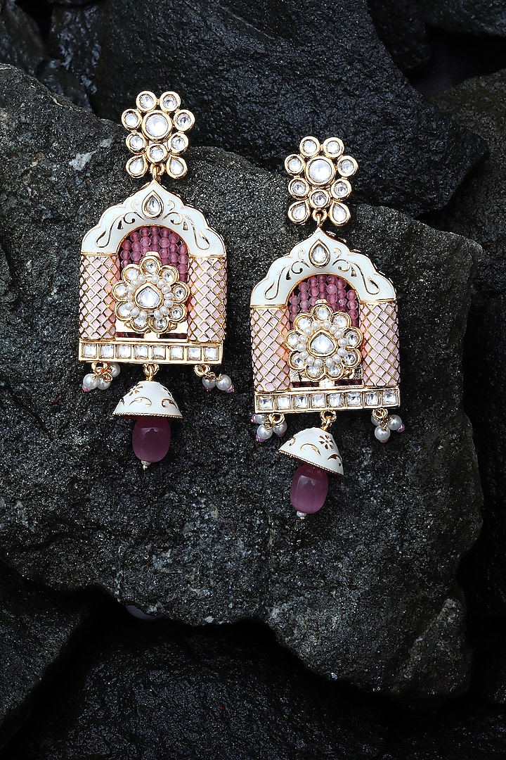 Gold Finish Kundan Polki & Beaded Meenakari Dangler Earrings by Akulya Jewels at Pernia's Pop Up Shop