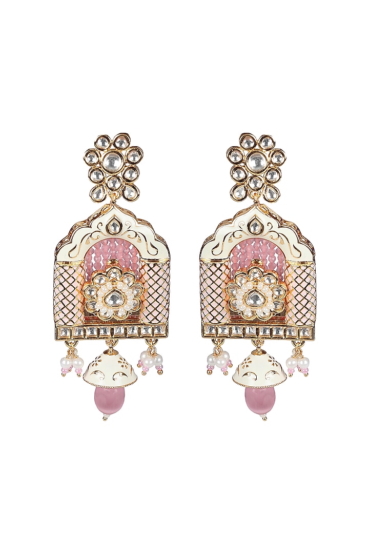 Gold Finish Kundan Polki & Beaded Meenakari Dangler Earrings by Akulya Jewels at Pernia's Pop Up Shop