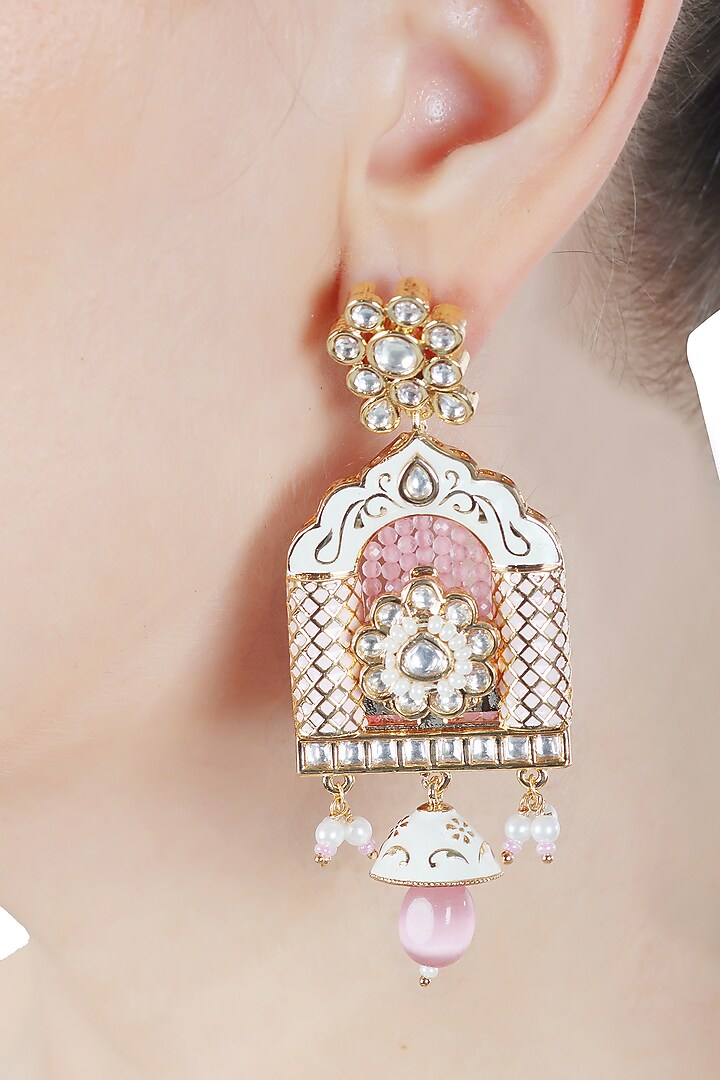 Gold Finish Kundan Polki & Beaded Meenakari Dangler Earrings by Akulya Jewels at Pernia's Pop Up Shop