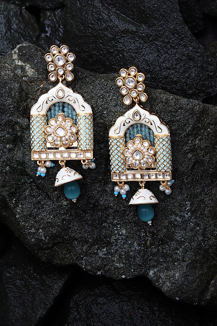 Gold Finish Kundan Polki & Beaded Meenakari Dangler Earrings by Akulya Jewels at Pernia's Pop Up Shop