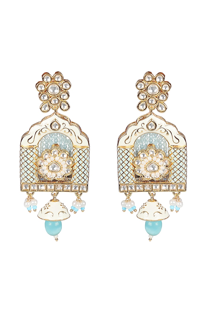 Gold Finish Kundan Polki & Beaded Meenakari Dangler Earrings by Akulya Jewels at Pernia's Pop Up Shop