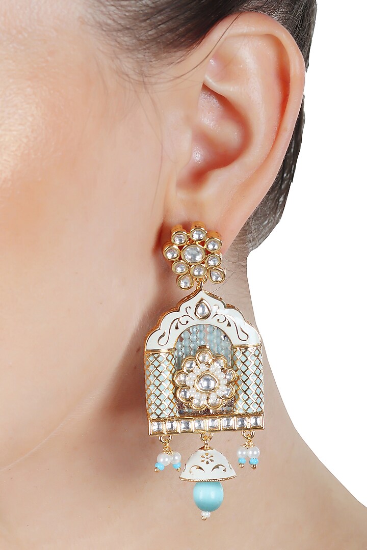 Gold Finish Kundan Polki & Beaded Meenakari Dangler Earrings by Akulya Jewels at Pernia's Pop Up Shop