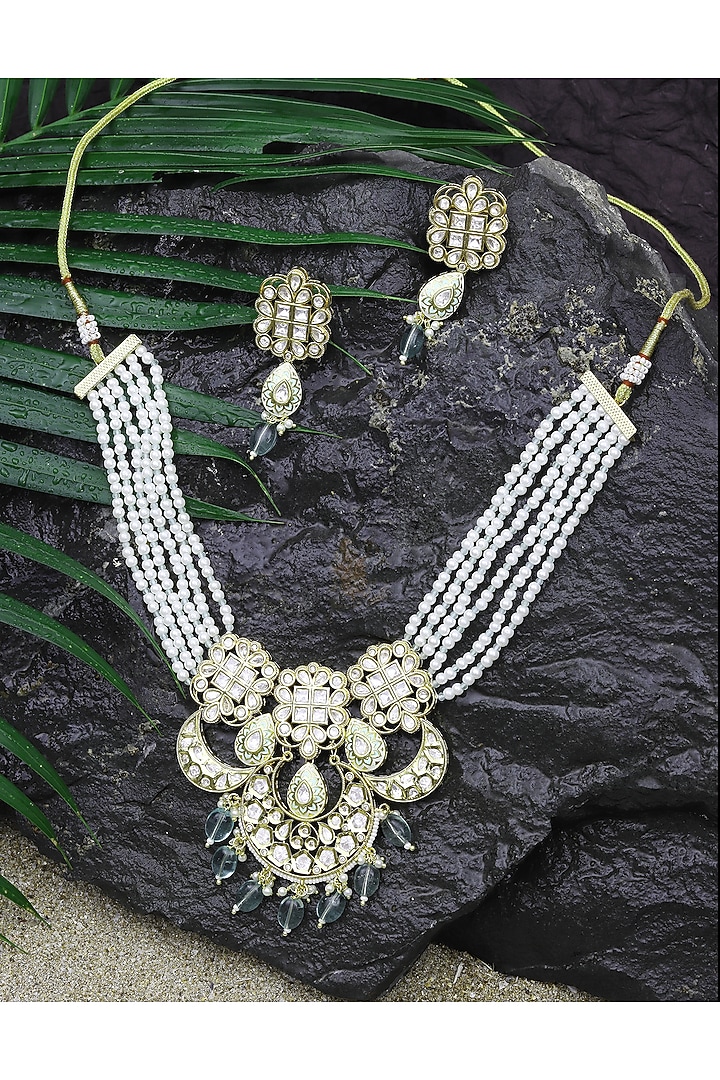 Gold Finish Kundan Polki & Mint Beaded Meenakari Choker Necklace Set by Akulya Jewels at Pernia's Pop Up Shop