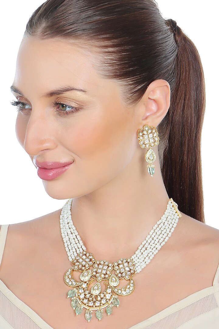 Gold Finish Kundan Polki & Mint Beaded Meenakari Choker Necklace Set by Akulya Jewels at Pernia's Pop Up Shop