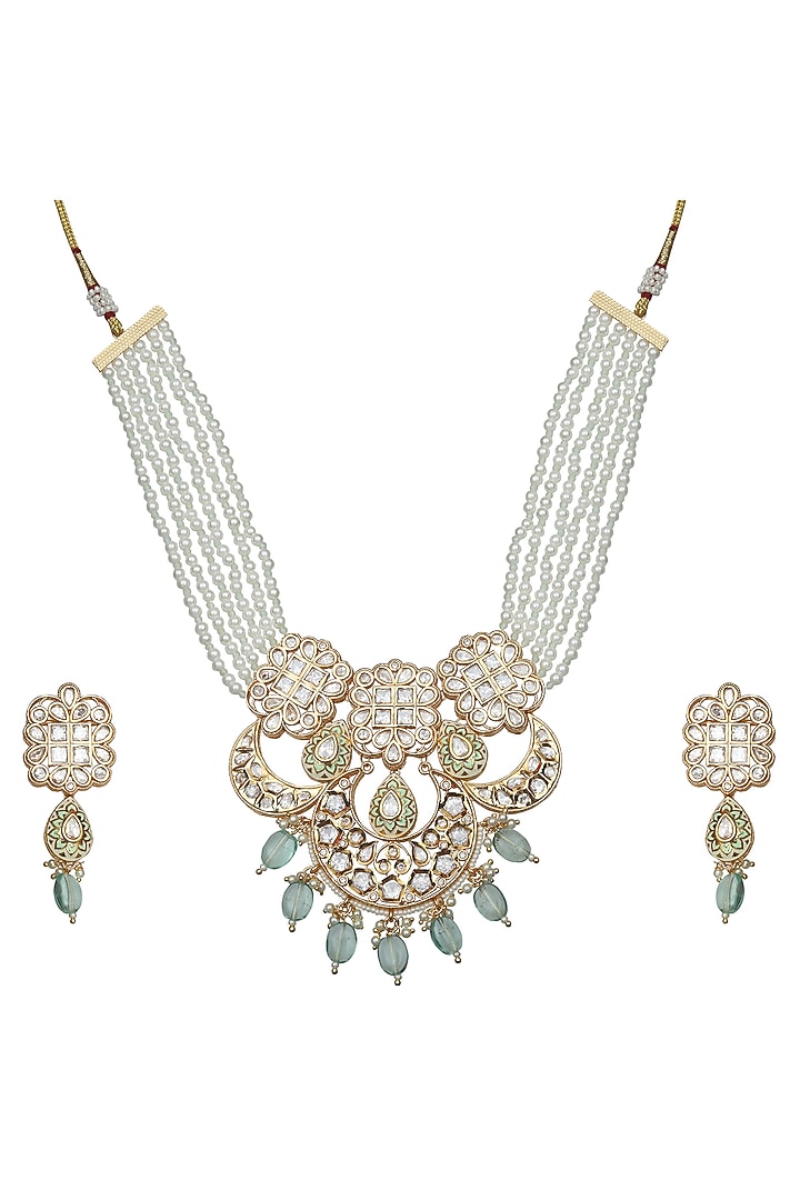 Gold Finish Kundan Polki & Mint Beaded Meenakari Choker Necklace Set by Akulya Jewels at Pernia's Pop Up Shop