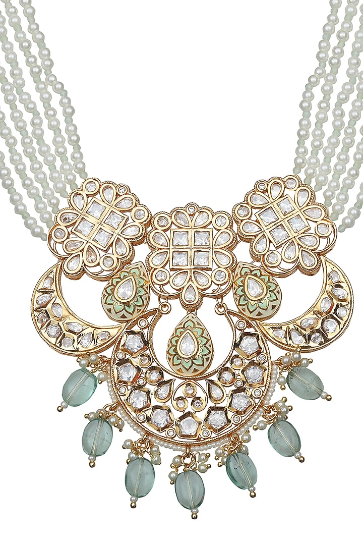 Gold Finish Kundan Polki & Mint Beaded Meenakari Choker Necklace Set by Akulya Jewels at Pernia's Pop Up Shop
