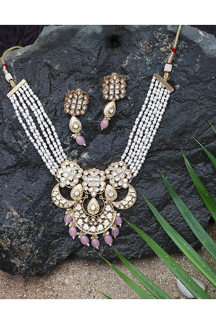 Gold Finish Kundan Polki & Beaded Meenakari Choker Necklace Set by Akulya Jewels at Pernia's Pop Up Shop