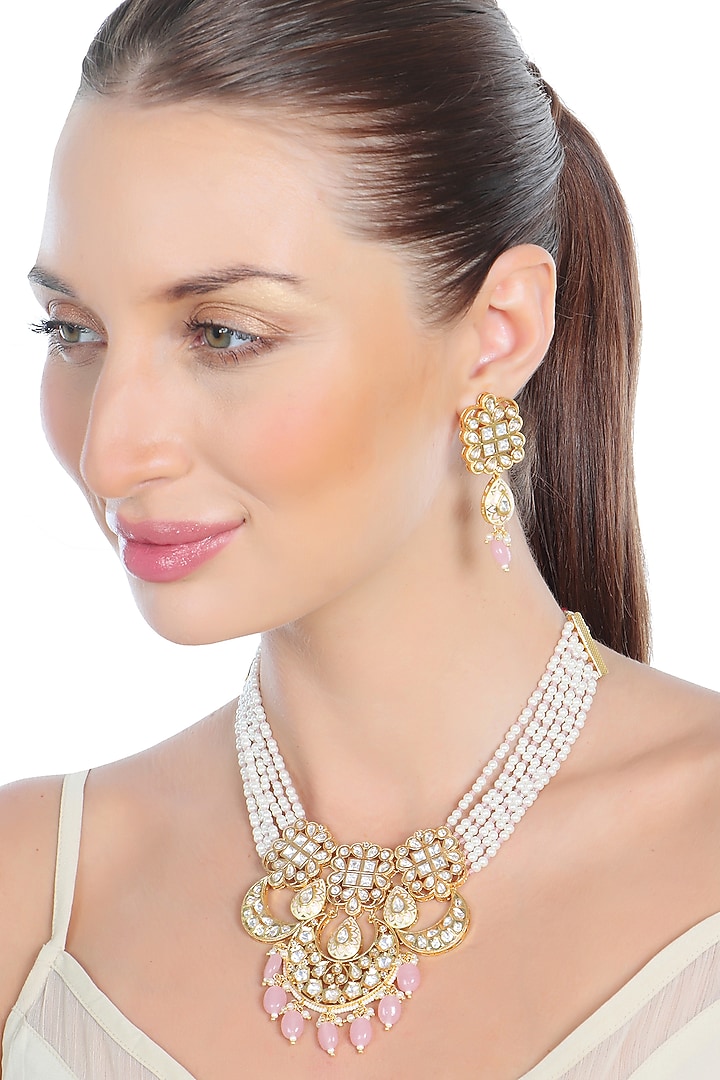 Gold Finish Kundan Polki & Beaded Meenakari Choker Necklace Set by Akulya Jewels at Pernia's Pop Up Shop