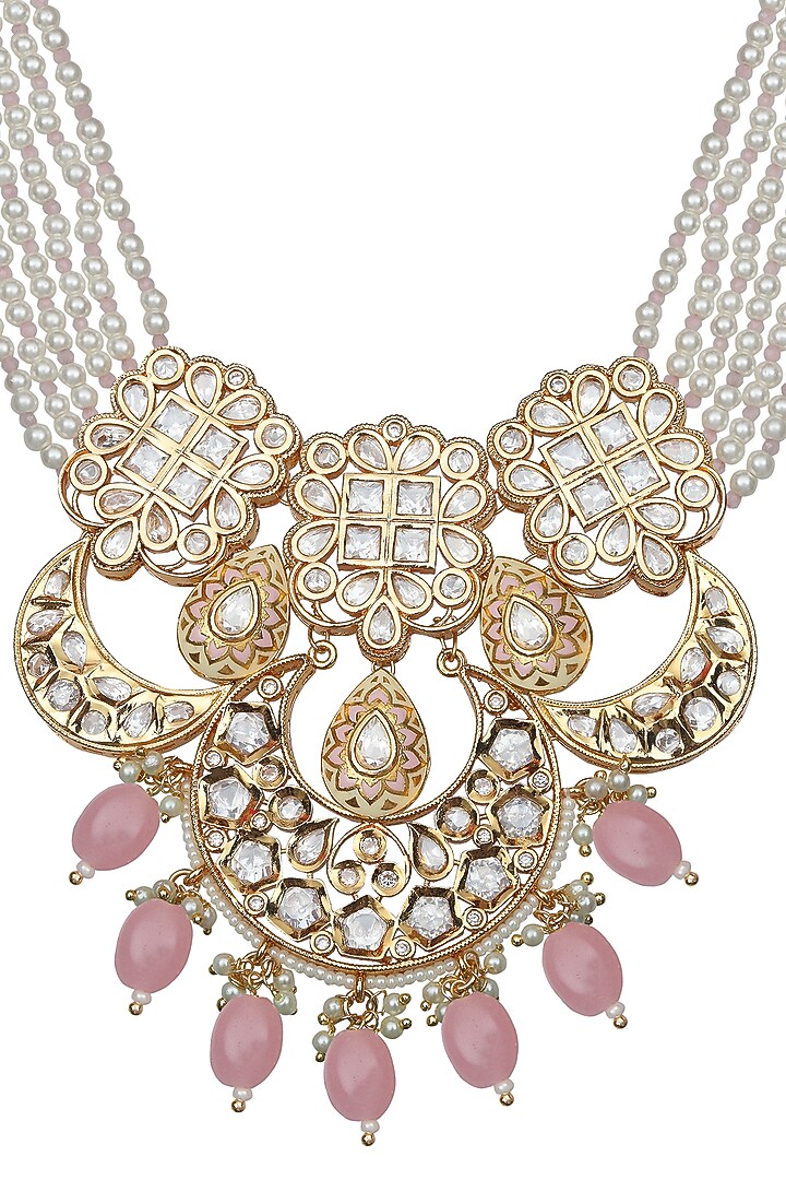Gold Finish Kundan Polki & Beaded Meenakari Choker Necklace Set by Akulya Jewels at Pernia's Pop Up Shop
