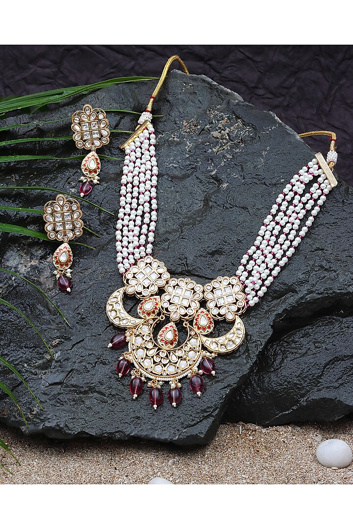 Gold Finish Kundan Polki & Beaded Meenakari Choker Necklace Set by Akulya Jewels at Pernia's Pop Up Shop