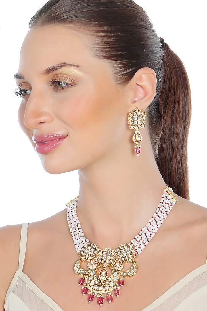 Gold Finish Kundan Polki & Beaded Meenakari Choker Necklace Set by Akulya Jewels at Pernia's Pop Up Shop