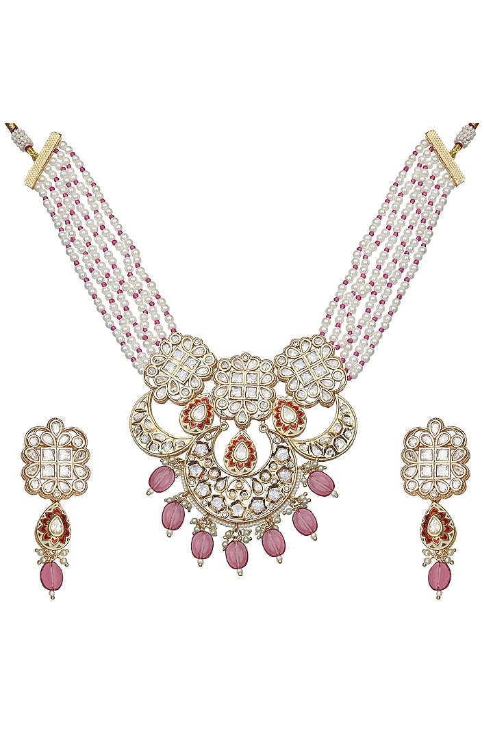 Gold Finish Kundan Polki & Beaded Meenakari Choker Necklace Set by Akulya Jewels at Pernia's Pop Up Shop