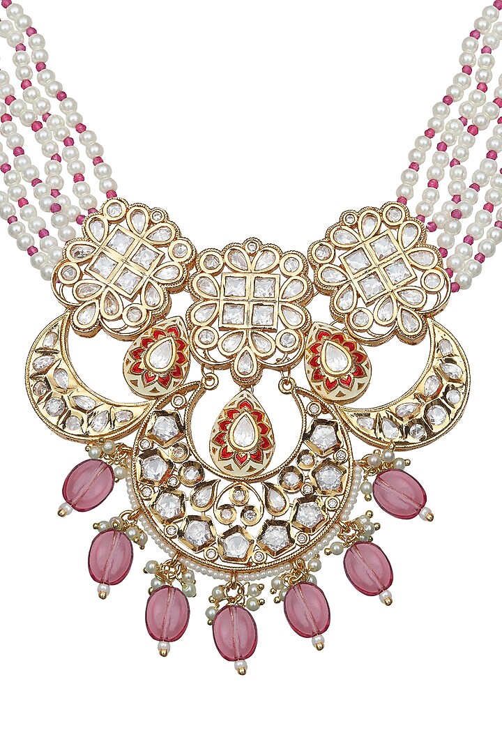 Gold Finish Kundan Polki & Beaded Meenakari Choker Necklace Set by Akulya Jewels at Pernia's Pop Up Shop