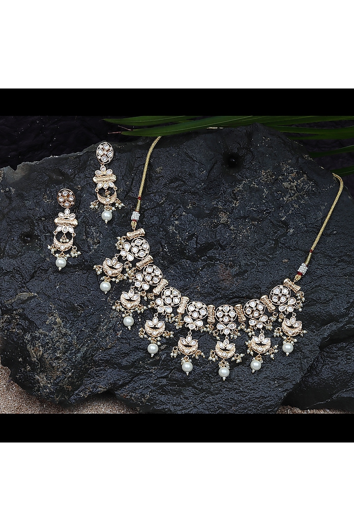 Gold Finish Kundan Polki & Beaded Choker Necklace Set by Akulya Jewels at Pernia's Pop Up Shop