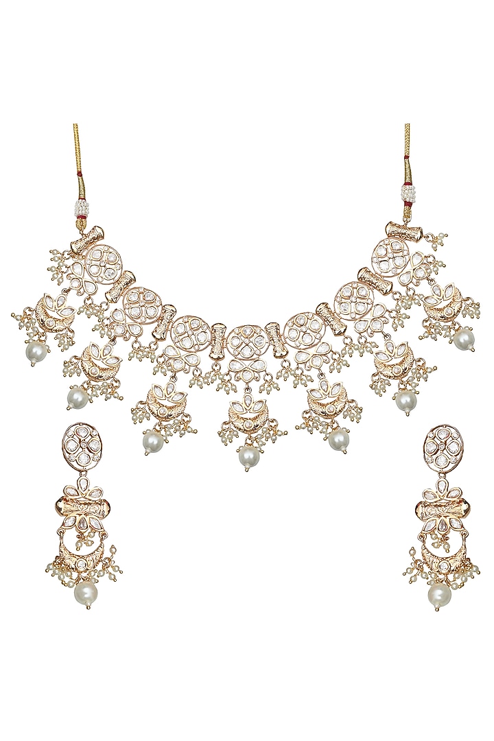 Gold Finish Kundan Polki & Beaded Choker Necklace Set by Akulya Jewels at Pernia's Pop Up Shop