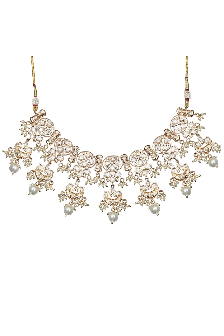Gold Finish Kundan Polki & Beaded Choker Necklace Set by Akulya Jewels at Pernia's Pop Up Shop