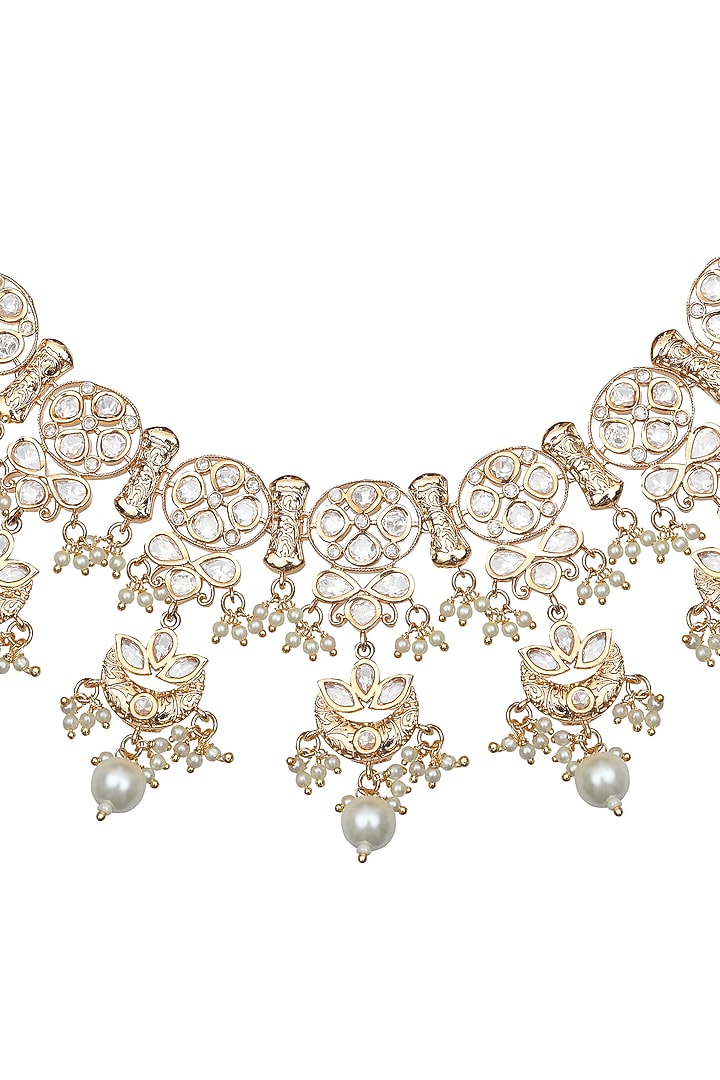 Gold Finish Kundan Polki & Beaded Choker Necklace Set by Akulya Jewels at Pernia's Pop Up Shop