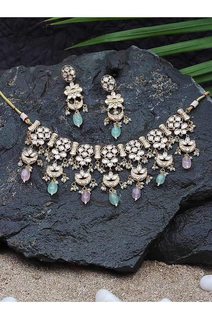 Gold Finish Kundan Polki & Beaded Choker Necklace Set by Akulya Jewels at Pernia's Pop Up Shop