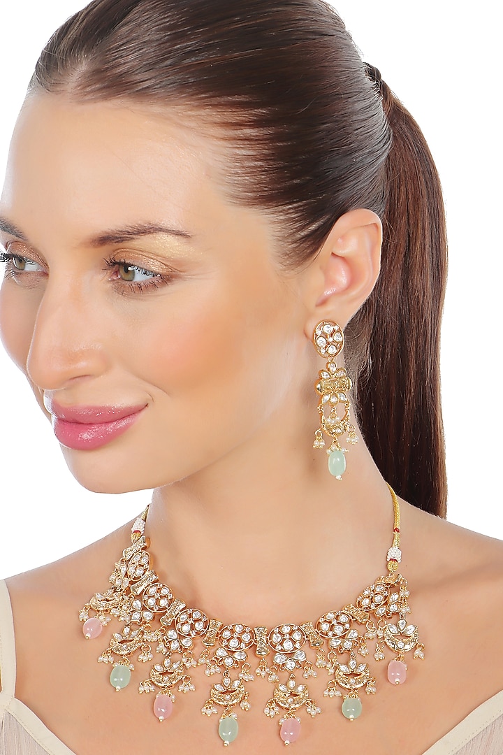 Gold Finish Kundan Polki & Beaded Choker Necklace Set by Akulya Jewels at Pernia's Pop Up Shop
