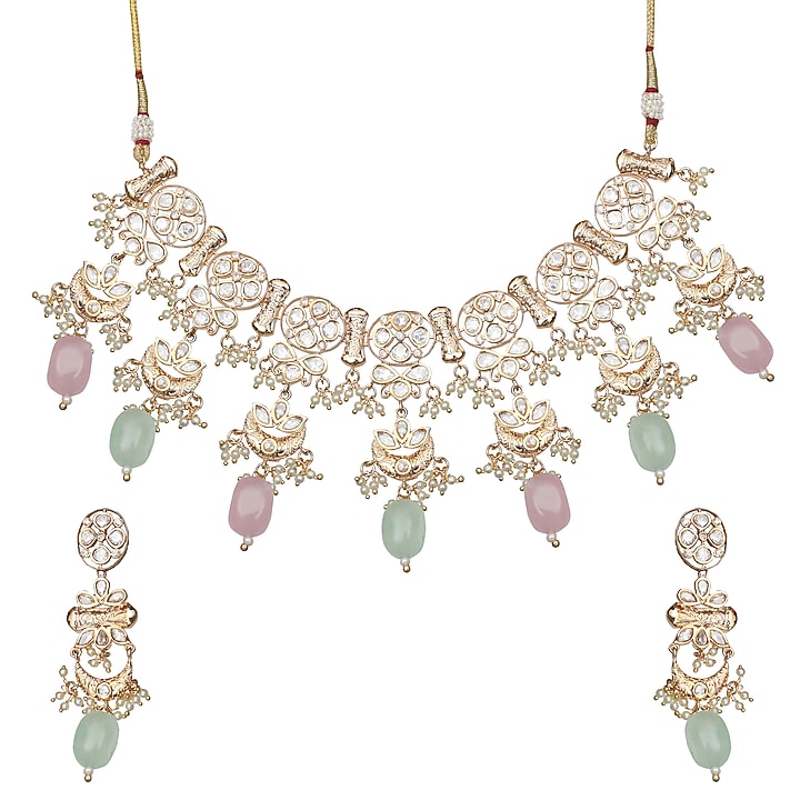 Gold Finish Kundan Polki & Beaded Choker Necklace Set by Akulya Jewels at Pernia's Pop Up Shop