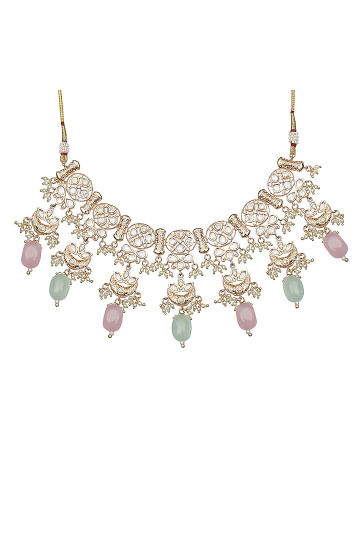 Gold Finish Kundan Polki & Beaded Choker Necklace Set by Akulya Jewels at Pernia's Pop Up Shop