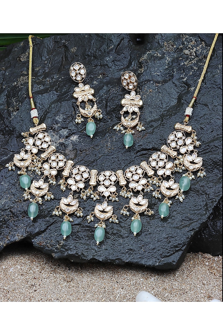 Gold Finish Kundan Polki & Beaded Choker Necklace Set by Akulya Jewels at Pernia's Pop Up Shop