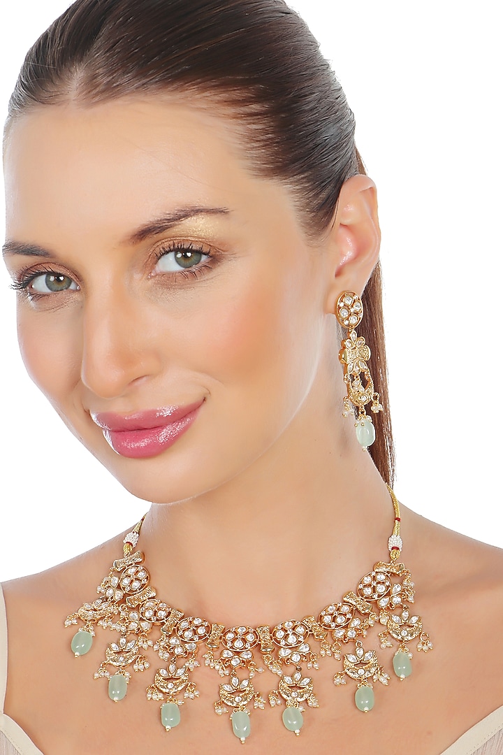 Gold Finish Kundan Polki & Beaded Choker Necklace Set by Akulya Jewels at Pernia's Pop Up Shop