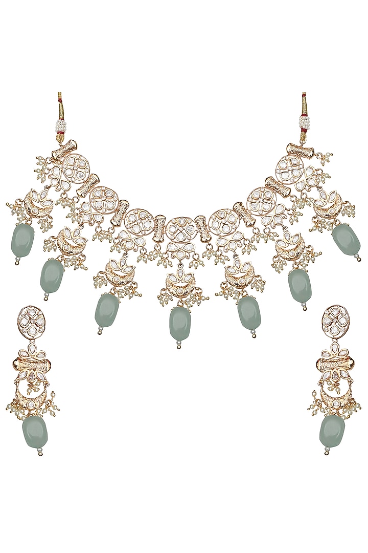 Gold Finish Kundan Polki & Beaded Choker Necklace Set by Akulya Jewels at Pernia's Pop Up Shop