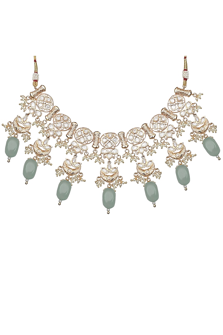 Gold Finish Kundan Polki & Beaded Choker Necklace Set by Akulya Jewels at Pernia's Pop Up Shop