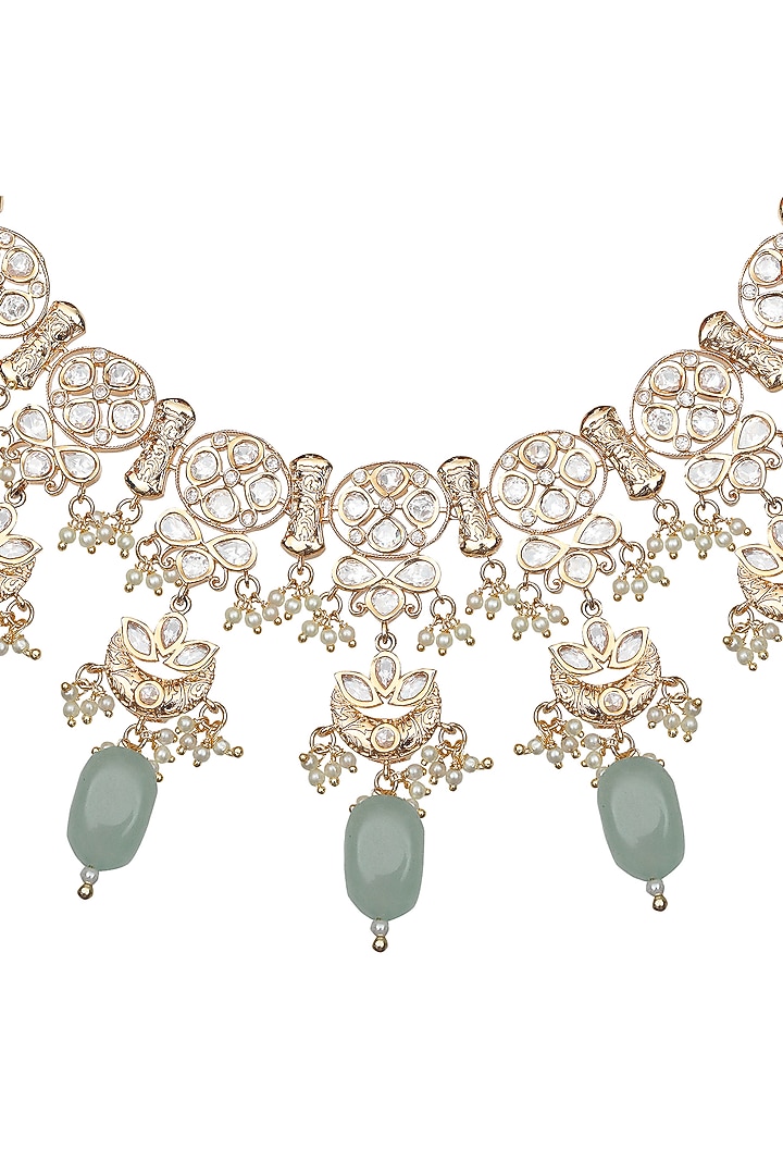 Gold Finish Kundan Polki & Beaded Choker Necklace Set by Akulya Jewels at Pernia's Pop Up Shop