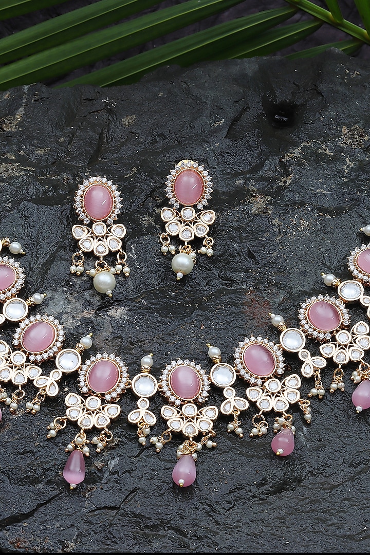 Gold Finish Kundan Polki & Beaded Choker Necklace Set by Akulya Jewels at Pernia's Pop Up Shop
