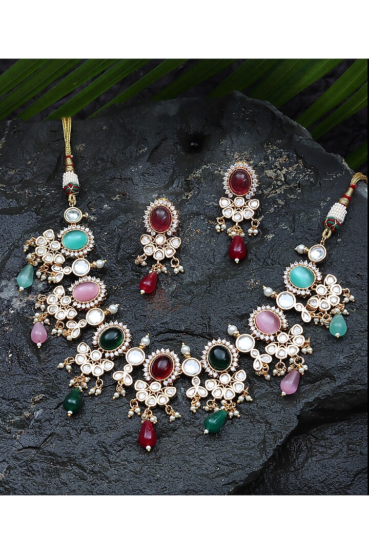 Gold Finish Kundan Polki & Beaded Choker Necklace Set by Akulya Jewels at Pernia's Pop Up Shop