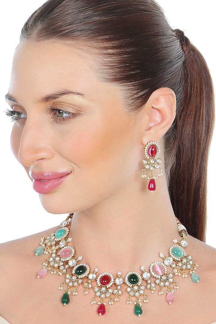 Gold Finish Kundan Polki & Beaded Choker Necklace Set by Akulya Jewels at Pernia's Pop Up Shop