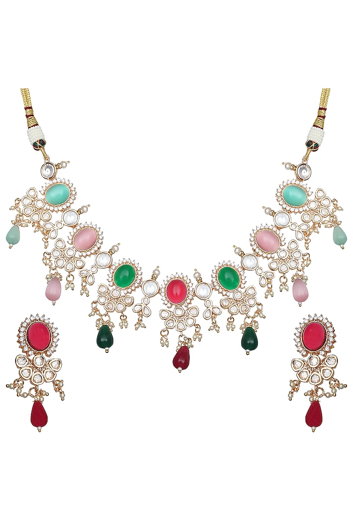 Gold Finish Kundan Polki & Beaded Choker Necklace Set by Akulya Jewels at Pernia's Pop Up Shop
