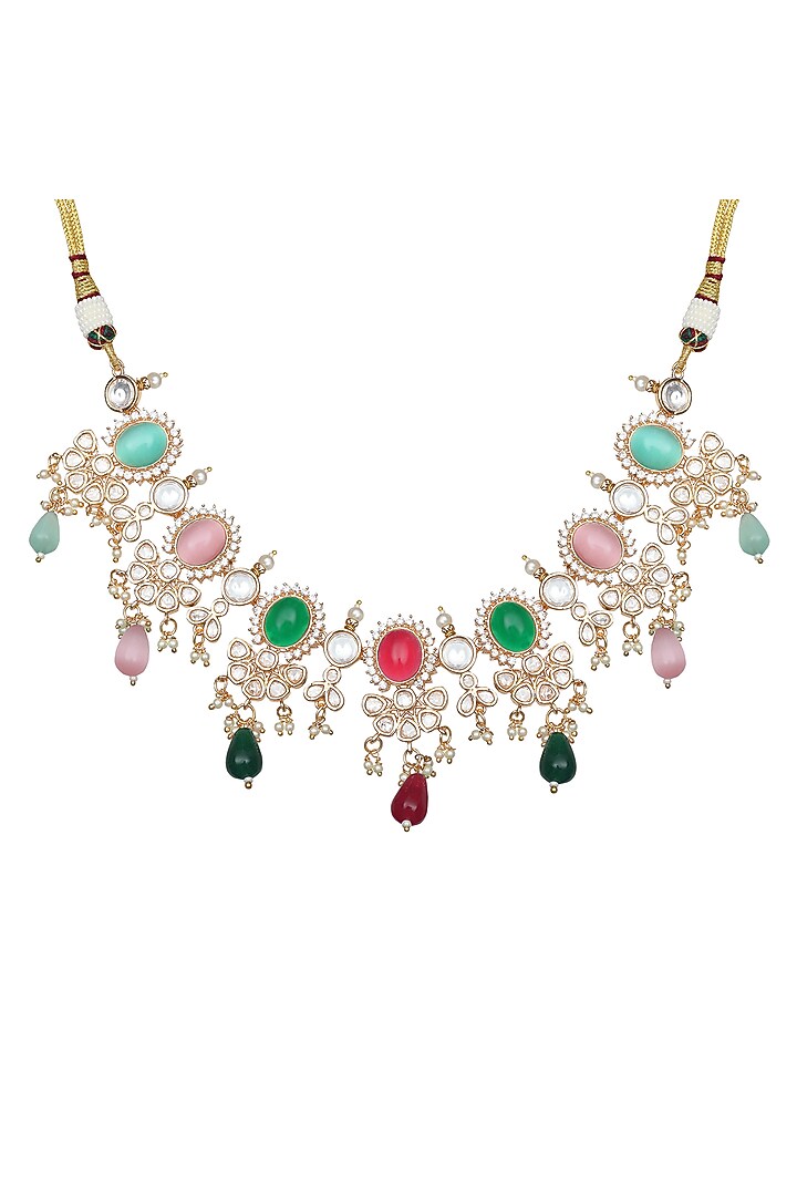 Gold Finish Kundan Polki & Beaded Choker Necklace Set by Akulya Jewels at Pernia's Pop Up Shop