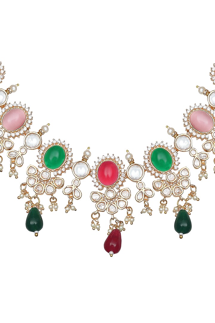 Gold Finish Kundan Polki & Beaded Choker Necklace Set by Akulya Jewels at Pernia's Pop Up Shop
