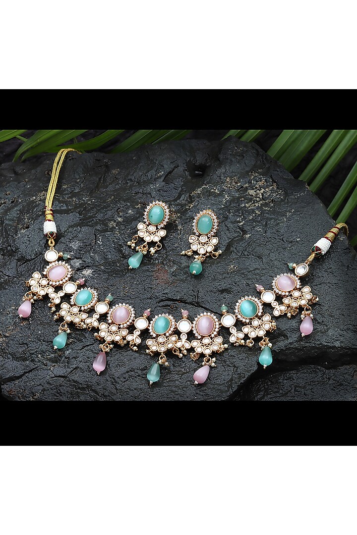 Gold Finish Kundan Polki & Beaded Choker Necklace Set by Akulya Jewels at Pernia's Pop Up Shop