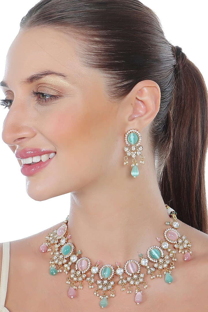 Gold Finish Kundan Polki & Beaded Choker Necklace Set by Akulya Jewels at Pernia's Pop Up Shop