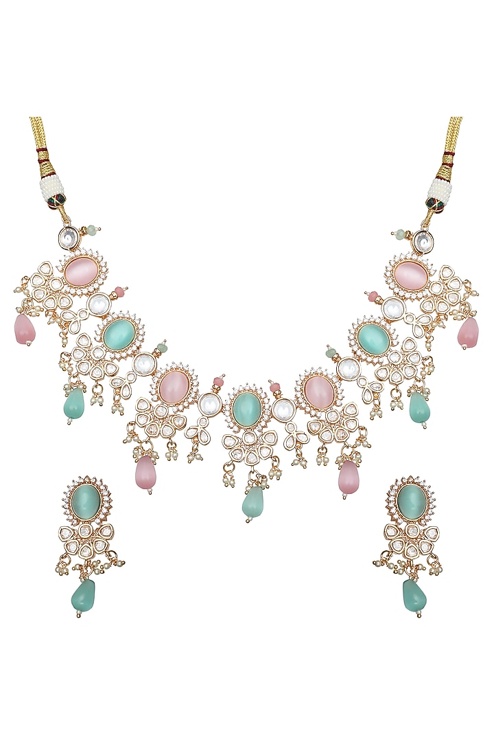 Gold Finish Kundan Polki & Beaded Choker Necklace Set by Akulya Jewels at Pernia's Pop Up Shop