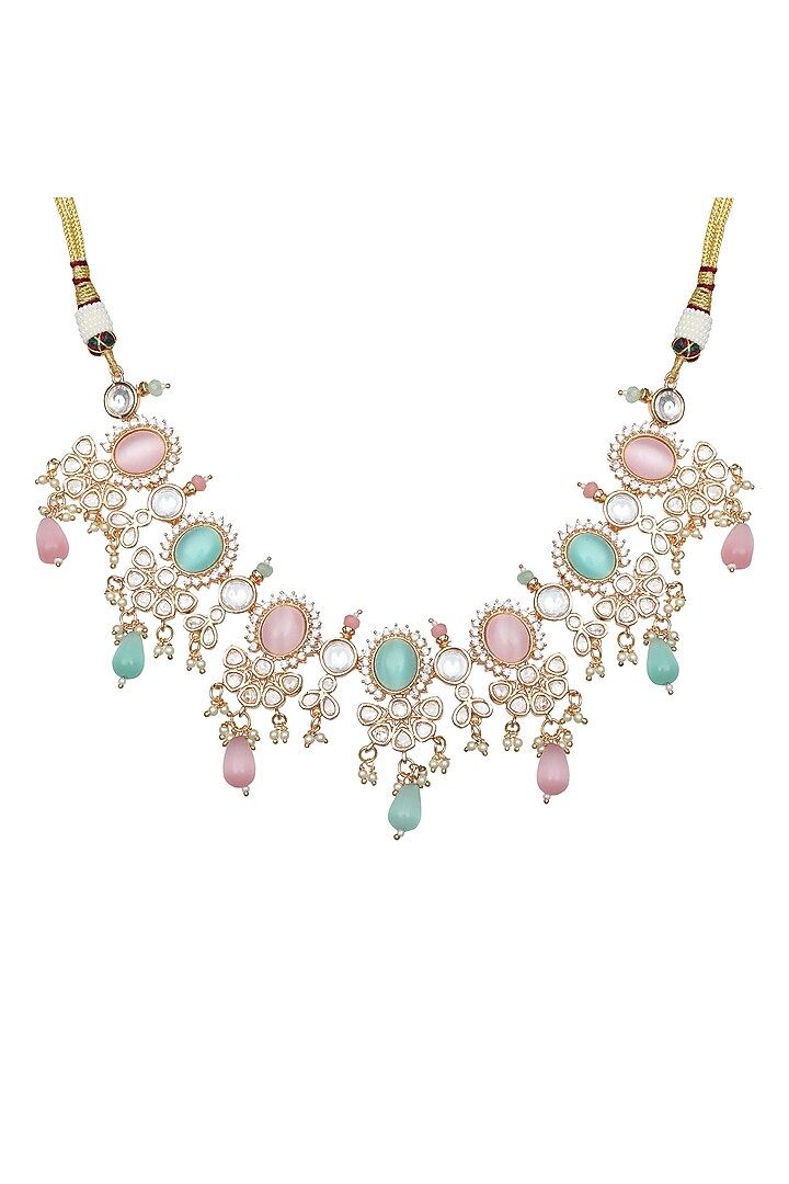 Gold Finish Kundan Polki & Beaded Choker Necklace Set by Akulya Jewels at Pernia's Pop Up Shop