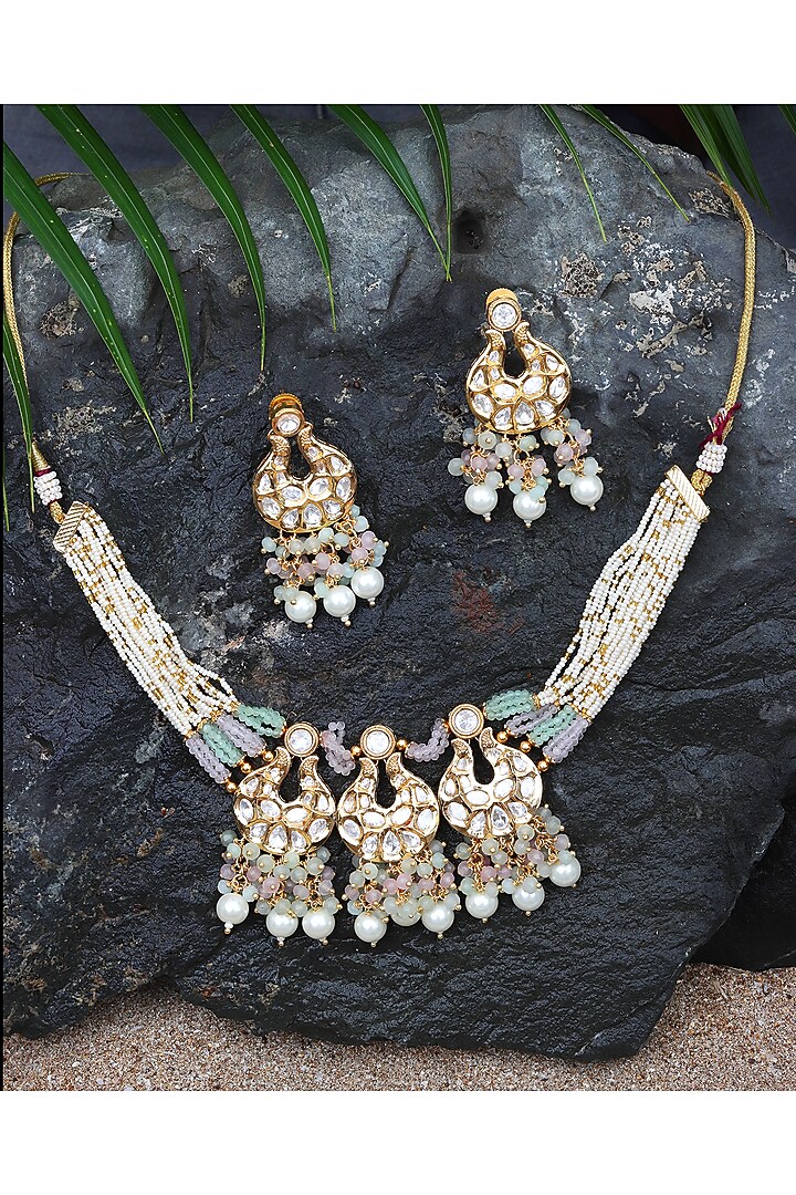 Gold Finish Kundan Polki & Beaded Choker Necklace Set by Akulya Jewels at Pernia's Pop Up Shop