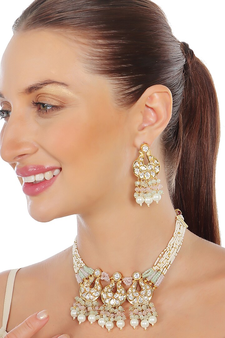Gold Finish Kundan Polki & Beaded Choker Necklace Set by Akulya Jewels at Pernia's Pop Up Shop