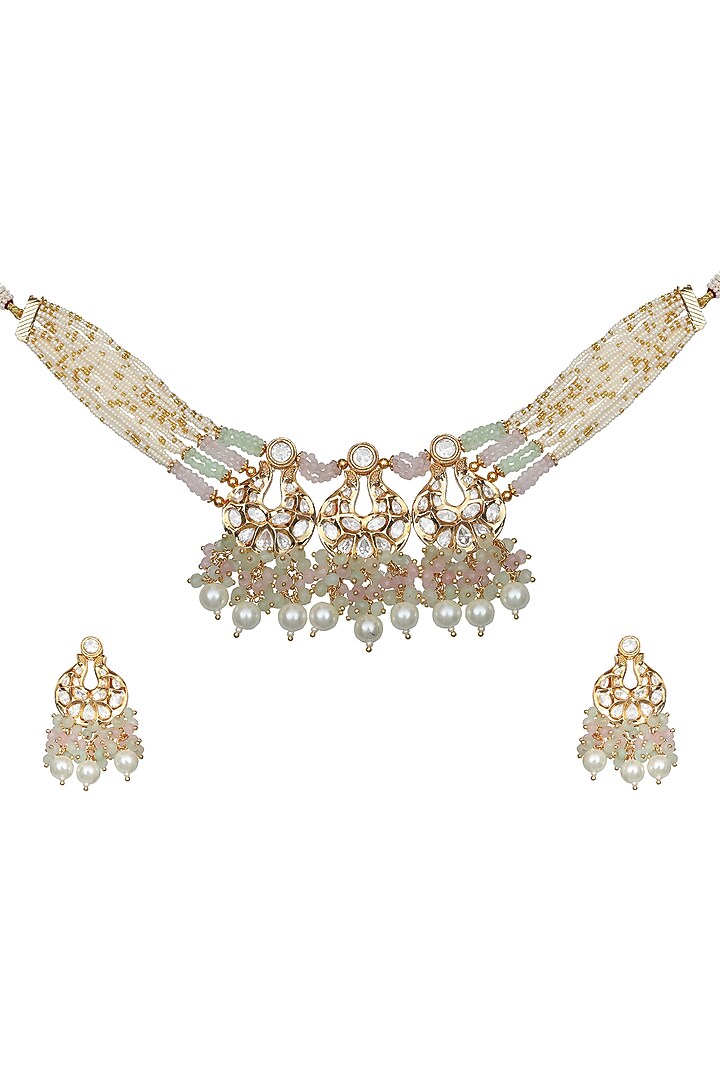 Gold Finish Kundan Polki & Beaded Choker Necklace Set by Akulya Jewels at Pernia's Pop Up Shop