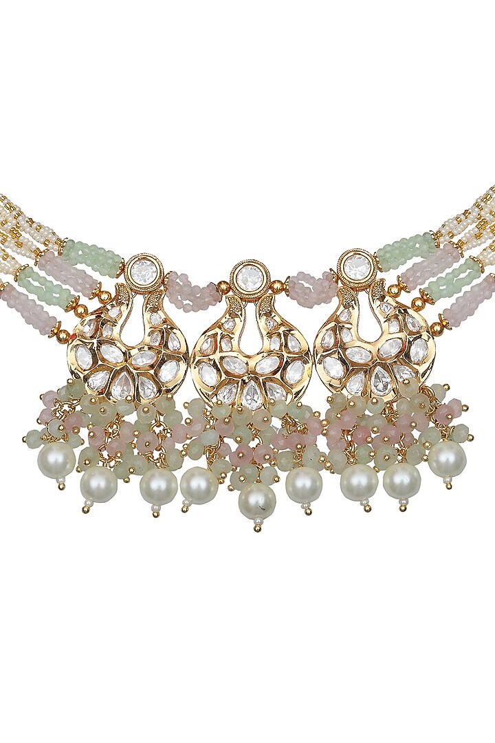 Gold Finish Kundan Polki & Beaded Choker Necklace Set by Akulya Jewels at Pernia's Pop Up Shop